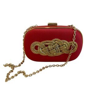 Vintage Sondra Roberts Red Clutch Purse evening With Gold Chain & Embellishment